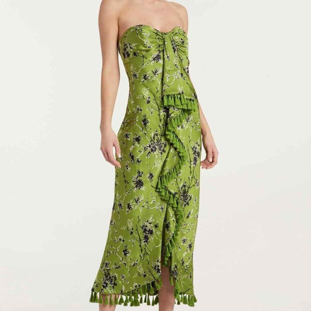 Cinq à Sept Size 6 Wildflower Elise Green Silk Midi Dress